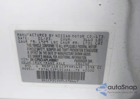 2023 Nissan Kicks Sv Xtronic Cvt z USA, uszkodzony, nr VIN 3N1CP5CV4PL498667
